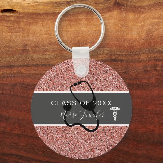 Verpleegkundige Afstuderen Roze Glitter Persoonlij Sleutelhanger (Voorkant)