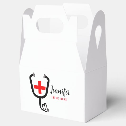 Verpleegkundige arts rood plus stethoscoop voeg na bedankdoosjes (Geopend)