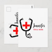 Verpleegkundige arts rood plus stethoscoop voeg na briefkaart (Voorkant / Achterkant)