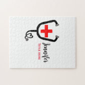 Verpleegkundige arts rood plus stethoscoop voeg na legpuzzel (Horizontaal)
