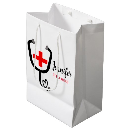 Verpleegkundige arts rood plus stethoscoop voeg na medium cadeauzakje (Voorkant Gekanteld)