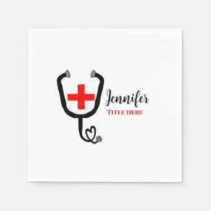 Verpleegkundige arts rood plus stethoscoop voeg na servet