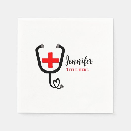 Verpleegkundige arts rood plus stethoscoop voeg na servet (Voorkant)