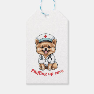 Verpleegkundige Cartoon met Pomeranian Dog Design Cadeaulabel
