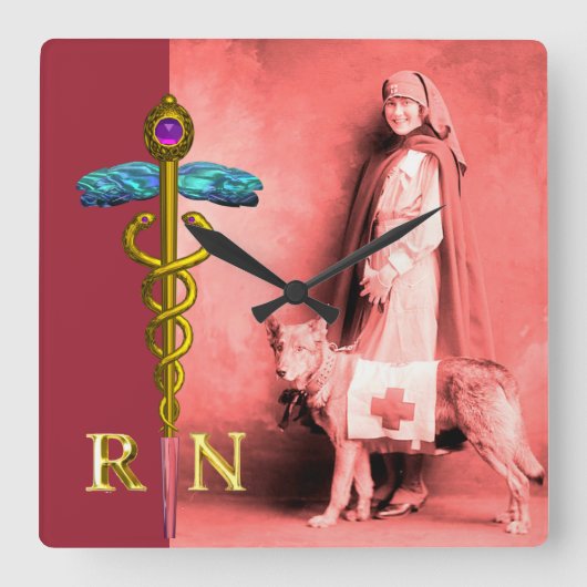 VERPLEEGKUNDIGE EN REDDINGSHOND /Goud Caduceus RN  Vierkante Klok (Voorkant)