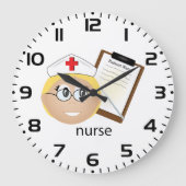 Verpleegkundige met medische klembord en thermomet grote klok (Voorkant)