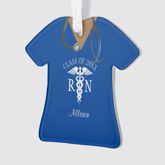 Verpleegkundige RN Afstuderen Blauwe Scrub Bovenst Ornament (voorkant)