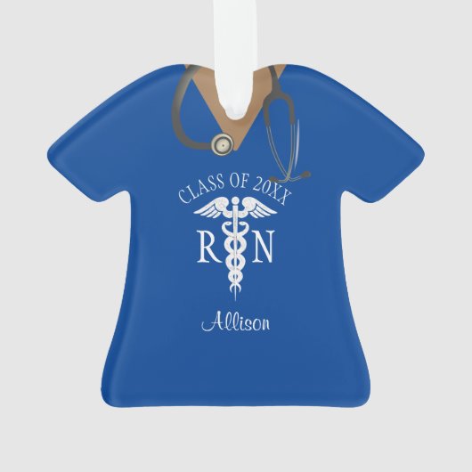 Verpleegkundige RN Afstuderen Blauwe Scrub Bovenst Ornament (achterkant)