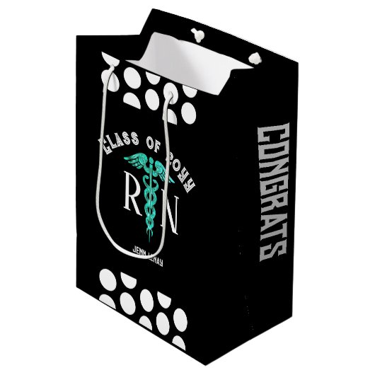 Verpleegkundige RN Afstuderen Zwart Wit Gepersonal Medium Cadeauzakje (Voorkant Gekanteld)