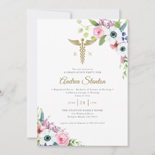 Verpleegkundige School Afstuderen Caduceum Floral  Kaart (Voorkant)