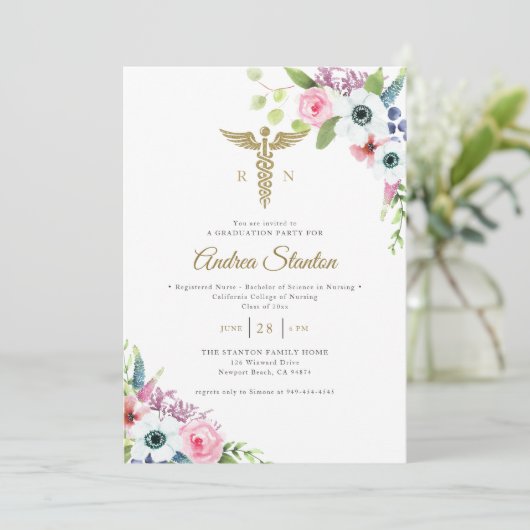 Verpleegkundige School Afstuderen Caduceum Floral  Kaart (Staand voorkant)