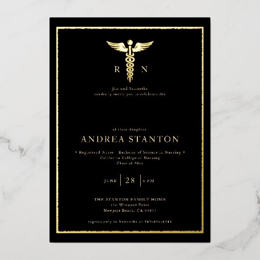 Verpleegkundige School Afstuderen Goud Lijst Caduc Folie Uitnodiging (Voorkant)