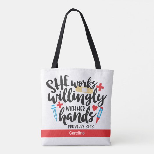 Verpleegkundige werkt bewust haar handwerkwoorden  tote bag (Achterkant)