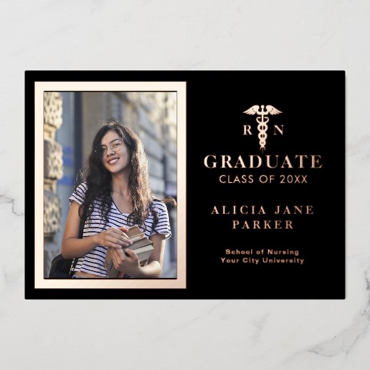Verpleegschool afstuderen roos gouden foto folie uitnodiging (Voorkant)