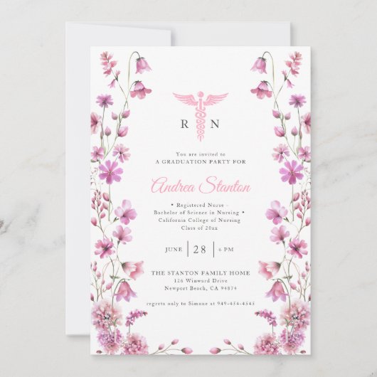 Verpleegschool Afstuderen Roze Caduceum Wildflower Kaart (Voorkant)