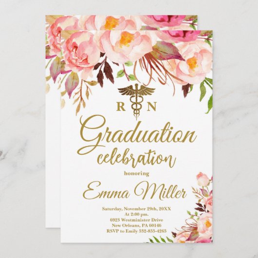 Verpleegschool Boho Bloemen en Goud Afstuderen Kaart (Voorkant / Achterkant)