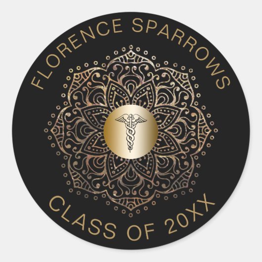 Verpleegster Afstuderen Caduceus Zwart Goud Ronde Sticker (Voorkant)