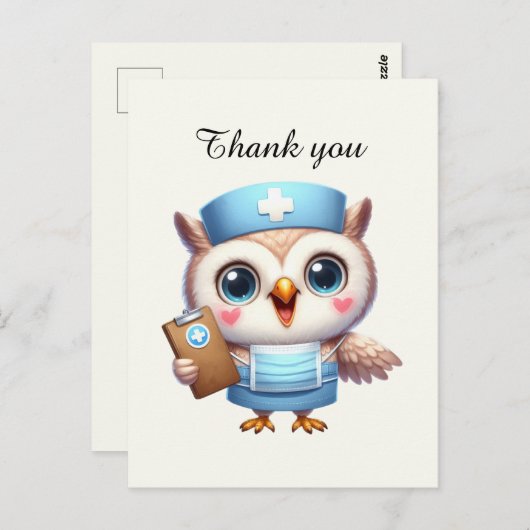 Verpleegster bedankt uil briefkaart (Voorkant / Achterkant)