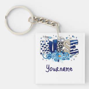 Verpleegster blauw vet glitterdier patroon, bloeme sleutelhanger