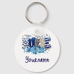 Verpleegster blauw vet glitterdier patroon, bloeme sleutelhanger