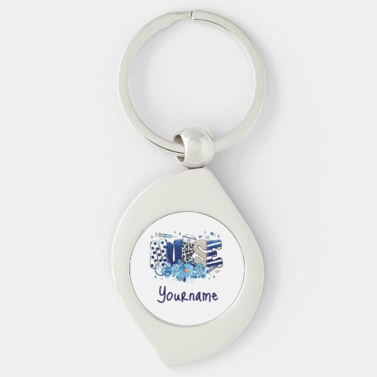 Verpleegster blauw vet glitterdier patroon, bloeme sleutelhanger (Voorkant)