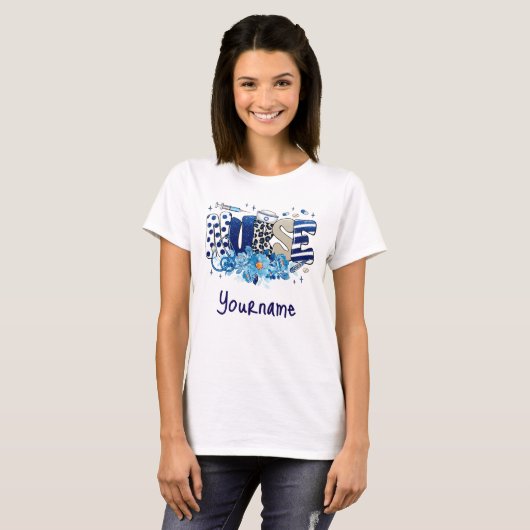 Verpleegster blauw vet glitterdier patroon, bloeme t-shirt (Voorkant volledig)