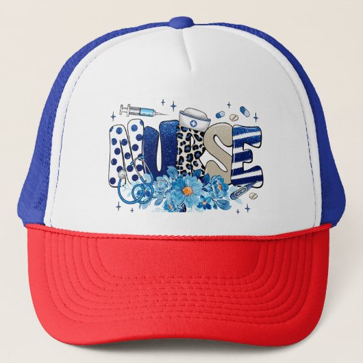 Verpleegster blauw vet glitterdier patroon, bloeme trucker pet (Voorkant)