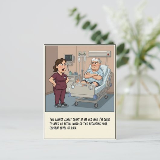 Verpleegster confronteert knorrige patiënt: beters briefkaart (Staand voorkant)