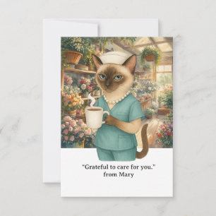 Verpleegster drink koffie voor bloemenwinkel bedankkaart