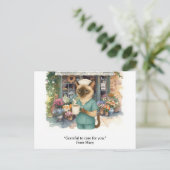 Verpleegster drink koffie voor bloemenwinkel briefkaart (Staand voorkant)