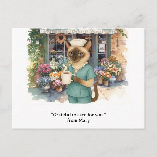 Verpleegster drink koffie voor bloemenwinkel briefkaart (Voorkant)