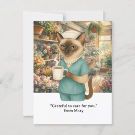 Verpleegster drinkt koffie voor bloemenwinkel briefkaart