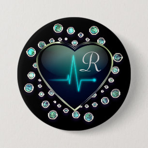 Verpleegster EKG hart juweel zwart blauw zilver Ronde Button 7,6 Cm