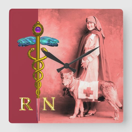 VERPLEEGSTER EN REDDINGSHOND /Gouden Caduceus RN E Vierkante Klok (Voorkant)