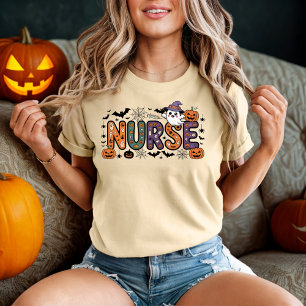 Verpleegster Halloween Cartoon Spooky Letters Desi T-shirt