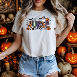 Verpleegster Halloween Cartoon Spooky Letters Desi T-shirt