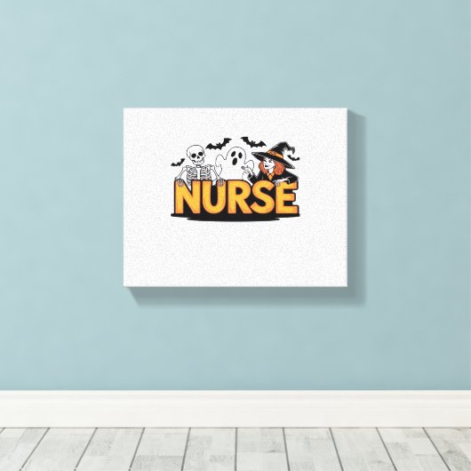 Verpleegster - Halloween - met geest, heks en skel Canvas Afdruk (Insitu (Houten vloer))