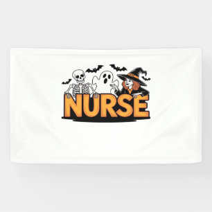 Verpleegster - Halloween - met geest, heks en skel Spandoek