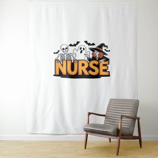 Verpleegster - Halloween - met geest, heks en skel Wandkleed (In situ)