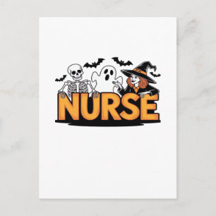 Verpleegster - Halloween - met spook, heks en skel Briefkaart