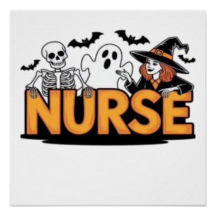 Verpleegster - Halloween - met spook, heks en skel Perfect Poster