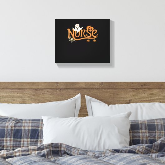 Verpleegster Halloween Schattige Ghost en Pumpkin  Canvas Afdruk (Insitu (Slaapkamer))
