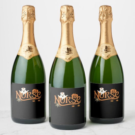 Verpleegster Halloween Schattige Ghost en Pumpkin Sparkling Wijnetiket (Flessen)