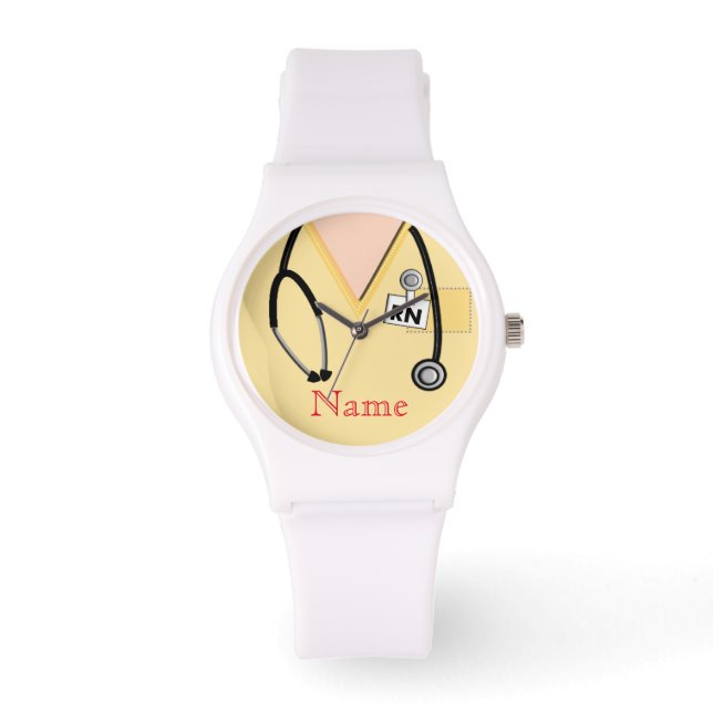 Verpleegster Horloge Scrub Top Stethoscoop Geel (Voorkant)