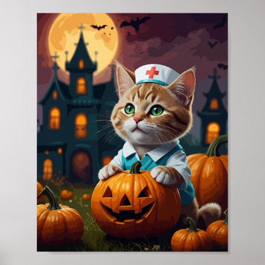 Verpleegster kat met Halloween pompoen Poster (Voorkant)
