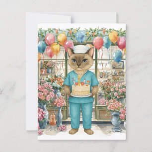 Verpleegster Kat Verjaardagsfeest cake bloemen en  Briefkaart