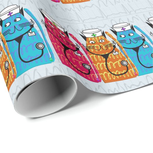 Verpleegster Katten Gift Wrap Blauw Cadeaupapier (Rol Hoek)
