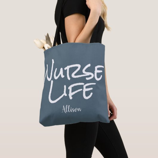 Verpleegster Life Blauw Wit Script Medisch Monogra Tote Bag (Dichtbij)