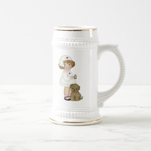 verpleegster met puppy T-shirts en cadeautjes Bierpul (Rechts)