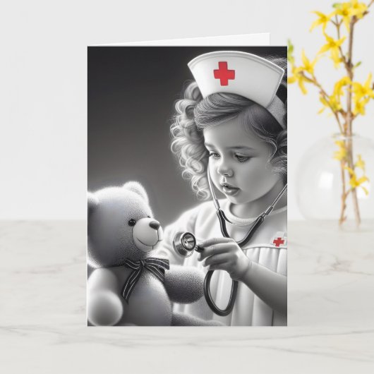Verpleegster met teddybeer kaart (Gele Bloem)